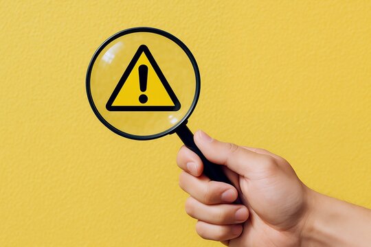 虫眼鏡で警告マークを拡大して注意点やリスクを強調する分かりやすい確認イメージ