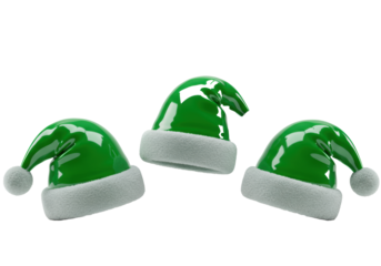 Three identical emerald green glossy santa hats with white faux fur and pompoms, artfully arranged on a transparent studio background with copy space. Modern holiday product concept