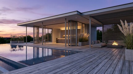 Obraz premium Modern Luxury Home with Pool at Sunset Architectural Design