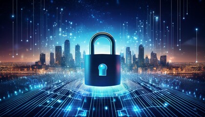 digital padlock graphic superimposed over a landscape with city lights and a starry night sky the image suggests data security
