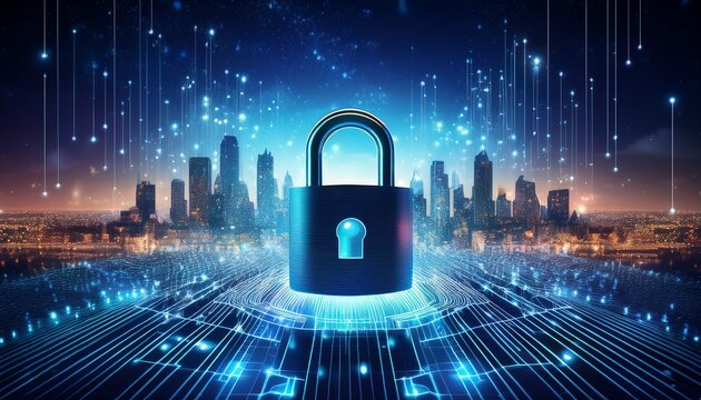 digital padlock graphic superimposed over a landscape with city lights and a starry night sky the image suggests data security - Powered by Adobe