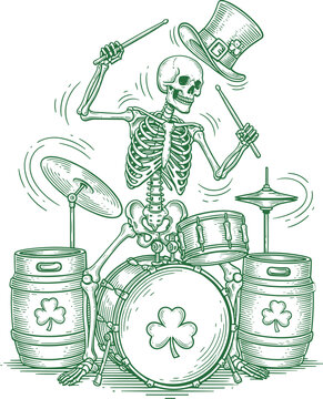 St Patrick&rsquo;s Day Skeleton Drummer Illustration with Leprechaun Hat and Shamrock Drum, Funny Irish Music Character Artwork for Holiday Designs