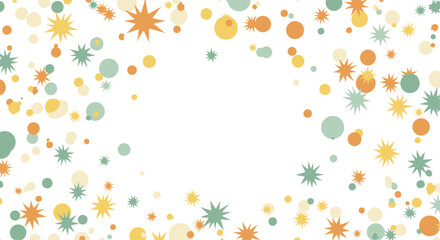 Obraz premium Festive pattern of colorful stars and dots scattered around a central white circular frame on a plain background.