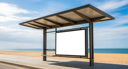 Fototapeta premium An image of a Bus Stop with a Billboard on a Beach Background