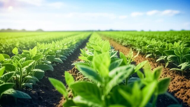 Soybean soy field of green plants a general plan nature agriculture. Green growing soybeans plant. Agriculture lifestyle plantation business farm concept. 
