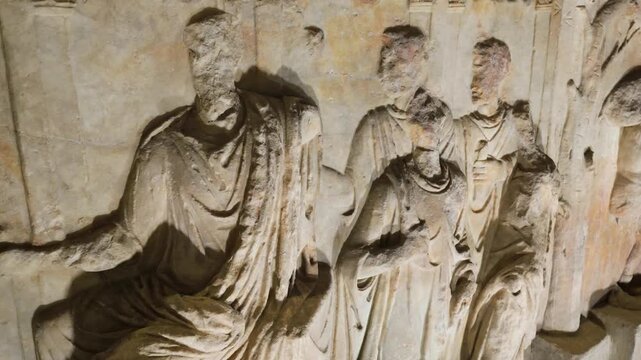 weathered marble relief row draped classical figures high faces eroded by time deep folds warm uneven lighting solemn composition reflect ancient roman sculpture rome italy empire 