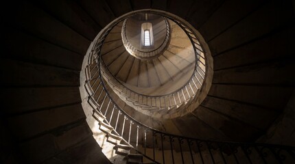 A captivating, symmetrical perspective on a spiraling staircase, evoking a sense of upward movement, geometric design, leading the eye towards a light source. 