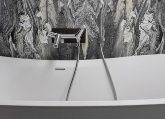 Wall Mounted Bathroom Mixer Tap with Handheld Shower on Cipollino Marble Stone Wall, Modern Luxury...