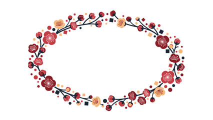 Obraz premium A beautiful and festive oval-shaped frame illustration composed of stylized red and yellow Japanese plum blossoms on dark branches.