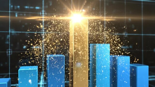 Golden bar chart column shines above blue columns with digital grid background and sparkling particles conveying success and data achievement golden bar among blue 3D bar chart columns grid