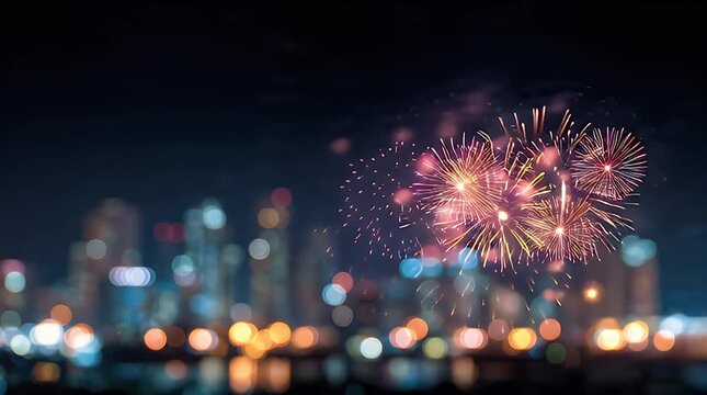City Lights at Night with Colorful Fireworks Glow