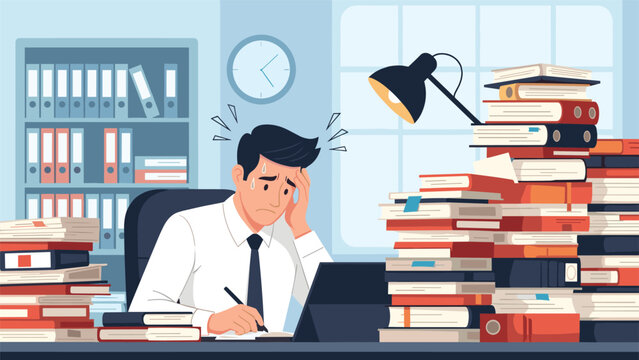An illustration of a stressed and overworked businessman feeling overwhelmed by the massive piles of paperwork and books on his desk.