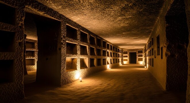 Ancient carved stone corridor with niches illuminated by warm li