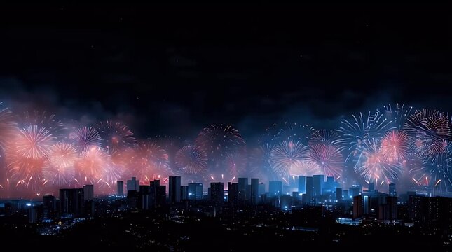 Night City Skyline with Elegant Fireworks and Open Sky for Text Space