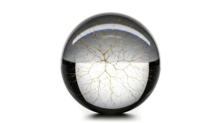 A symbolic glass sphere with delicate golden network lines representing global connectivity Isolated on White background