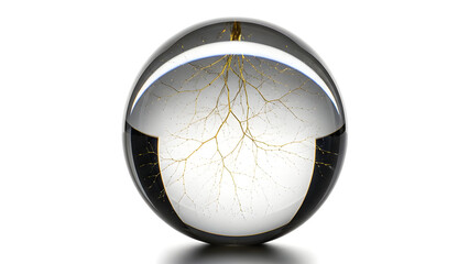 A symbolic glass sphere with delicate golden network lines representing global connectivity Isolated on White background