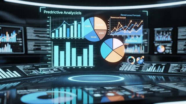 Predictive analytics dashboard bar chart pie line graph data visualization showcasing colorful revenue forecast futuristic control room display glowing holographic interface conveying insight