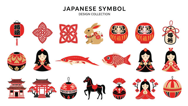 Japanese symbol, cultural icon, festive motif, traditional design, red lantern, Daruma doll, koi fish, floral ornament, NewYear art, flat vector illustration