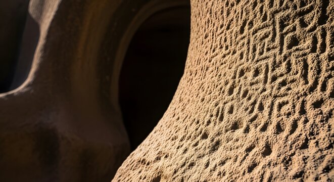 Ancient geometric patterns carved into the volcanic rock wall of
