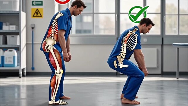 Safe vs Unsafe Box Lifting Posture Comparison &ndash; Worker with Red Cross and Green Check Mark &ndash; High Resolution 4K Ultra HD