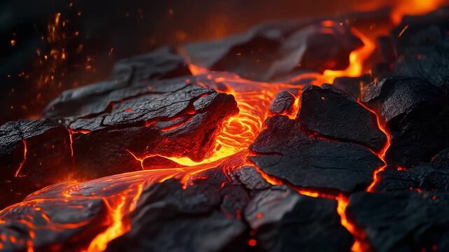 Close-up of molten lava flowing through dark, cracked rocks with vibrant orange and yellow hues, conveying a sense of intense heat and geological activity in a dramatic, cinematic lighting