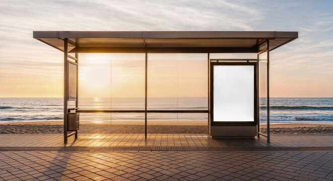 An image of a Bus Stop with a Billboard on a Beach Background