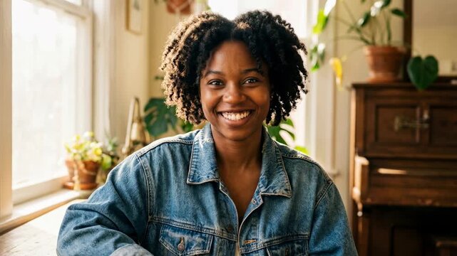 A young woman exudes confidence and contentment as she smiles, natural light illuminating her genuine joy and inner peace, creating a portrait of happiness.