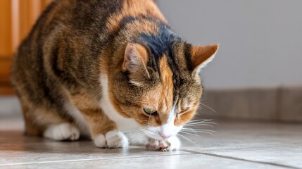 A meticulously cleaning calico cat after enjoying its meal, showcasing its fastidious nature.