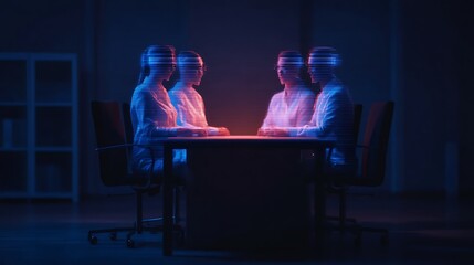 A group of five people sit around a table in a dimly lit room, illuminated by a glowing light, creating a surreal, digital effect.