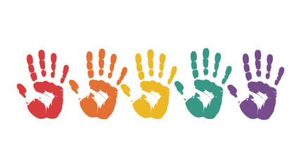 Fototapeta premium Five Colorful Handprint Imprints in a Row on White Background hand print rainbow