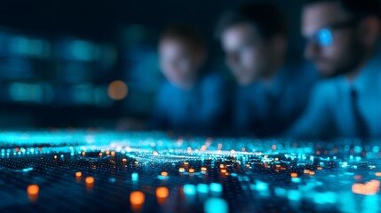 A digital network visualization with glowing nodes, analyzed by professionals in suits, depicting data flow and connectivity.