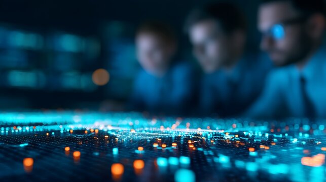 A digital network visualization with glowing nodes, analyzed by professionals in suits, depicting data flow and connectivity. - Powered by Adobe