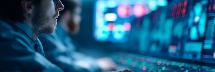 A focused individual monitors digital screens, showcasing analysis in a high-tech environment with glowing interfaces and a professional atmosphere.