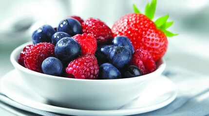 A close-up view of a white bowl overflowing with fresh, vibrant blueberries, raspberries, and a juicy strawberry.