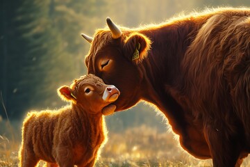 A heartwarming moment captured as a mother cow lovingly licks her calf, the sunlight illuminating the soft textures of their fur.