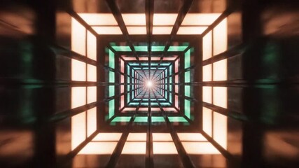 Abstract sci-fi tunnel composed of radiant neon squares, sharp geometric symmetry, futuristic technology theme, smooth continuous motion, cinematic digital backdrop - Powered by Adobe