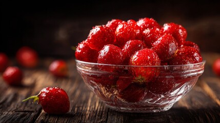 A Crystal Bowl Overflowing with Juicy Red Florida Strawberries on a Rustic Wooden Surface