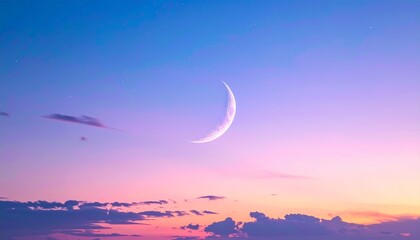 Crescent moon in a soft pastel sky with clouds, serene astronomical view
