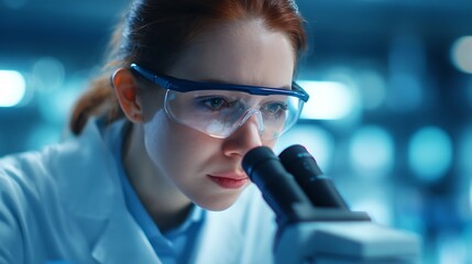 A focused scientist examines a sample through a microscope, emphasizing precision and dedication in a laboratory setting.