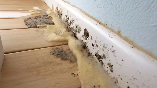 Mold and moisture damage by baseboard and wood floor is visible, needing immediate attention. Repairing water leak damage helps keep the home healthy and preserved.
