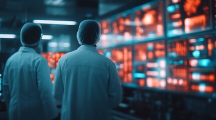 Two scientists in lab coats observe vibrant screens displaying data, immersed in research in a high-tech environment.