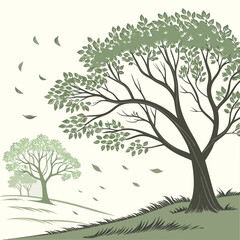 A serene illustration depicts two trees with falling leaves against a gentle rolling landscape and a pale sky