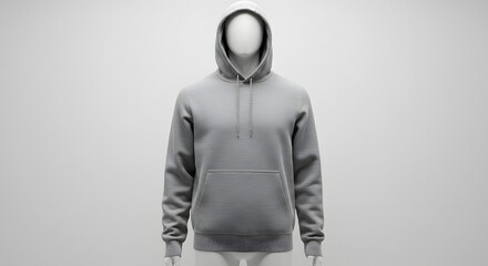 A blank, plain gray hooded sweatshirt displayed on an invisible mannequin, offering a clean and modern apparel mockup template for fashion design and e-commerce product showcasing