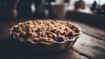 A golden brown apple crumble pie with a buttery, crumbly topping rests on a rustic wooden table, ready to be enjoyed.