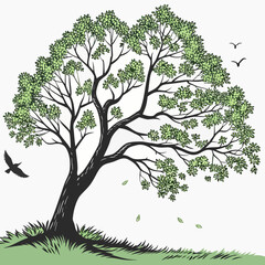 Obraz premium a vibrant illustration depicts a lush green tree with a thick trunk and several birds soaring through the sky