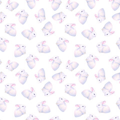 Seamless watercolor pattern with cute white rabbits isolated on a transparent background. Soft illustration featuring small playful bunnies. Perfect for textil, wrapping paper and Easter spring design