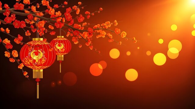 Vibrant red chinese lanterns hanging from a blooming cherry blossom tree branch with glowing lights
