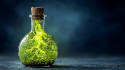 A luminous green magic potion glows with vibrant energy inside a vintage glass flask with a cork stopper