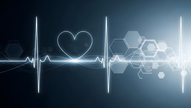 An abstract blue medical background featuring a digital heartbeat pulse line forming a heart shape on an ECG monitor graph for health and science data - Powered by Adobe
