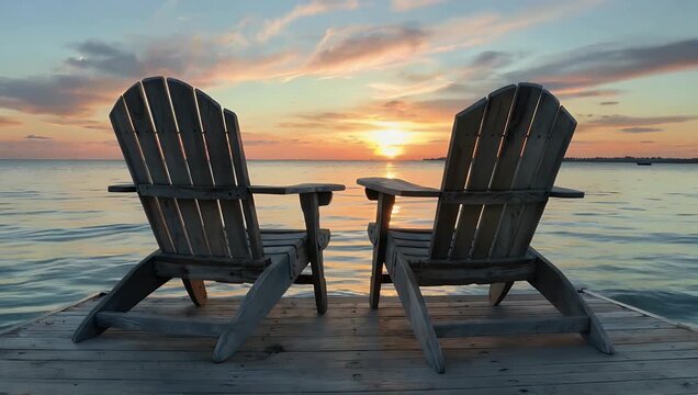 Sunrise 4K footage of cottage chairs at the end of dock Adirondack Muskoka capturing calm water early light relaxing atmosphere lifestyle travel nature stock 
